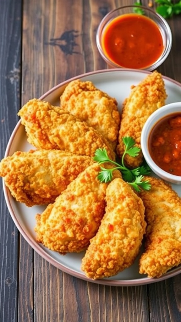 Crispy air fryer chicken tenders served with dipping sauce on a rustic wooden table.